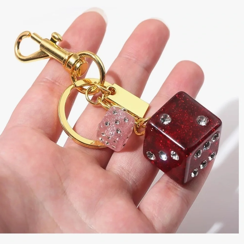 Gold Pink Red Dice Charm with rhinestones purse charm keychain accessory for bag